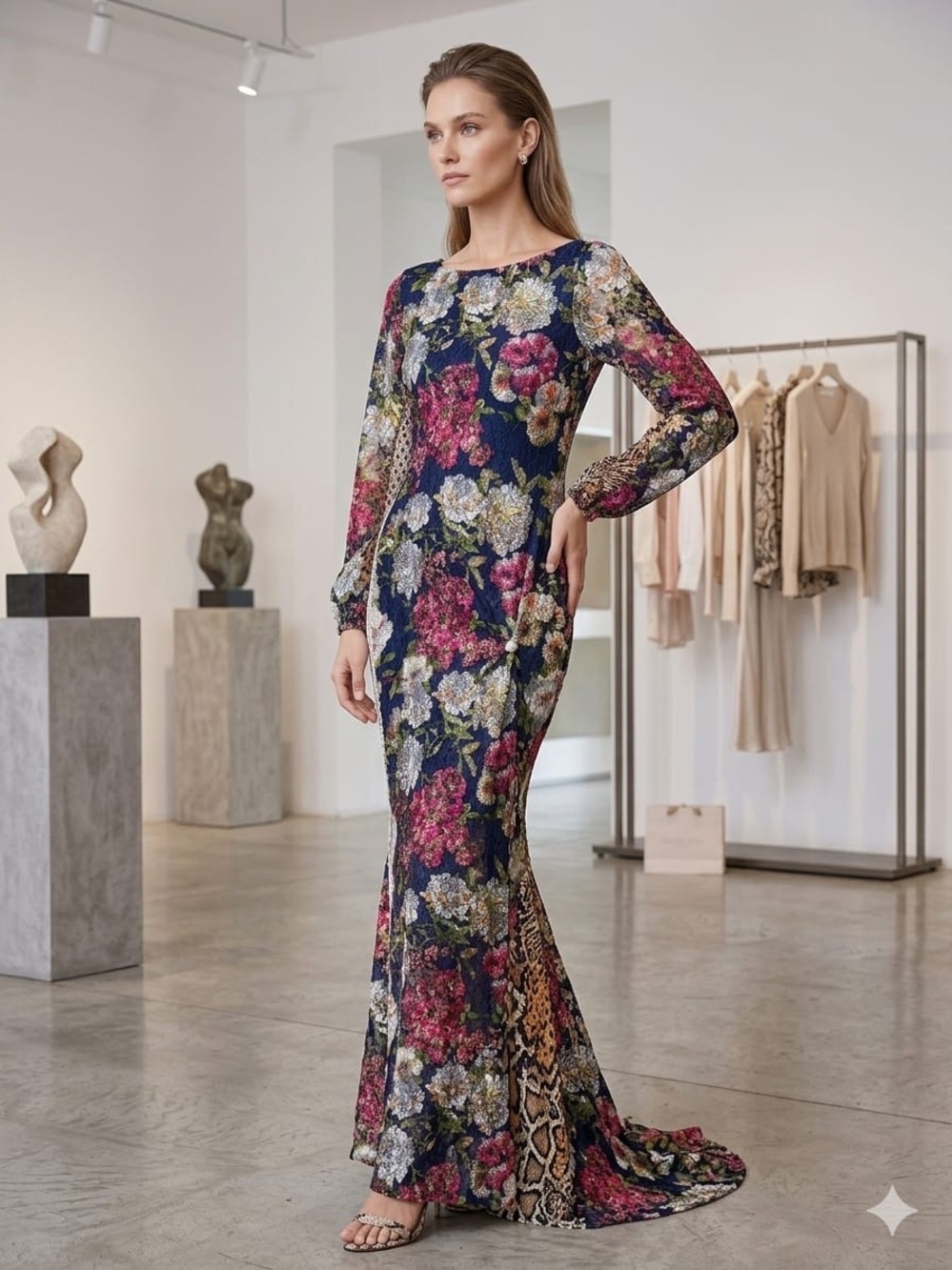 Navy Floral Long-Sleeve Evening Dress